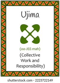 A card with one of the Kwanzaa principles. Symbol Ujiima means Collective work and responsibility in Swahili. Poster with an ethnic African pattern in traditional colors. Vector illustration