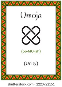 Una tarjeta con uno de los principios de Kwanzaa. Símbolo Umoja significa unidad en swahili. Afiche con un patrón étnico africano en colores tradicionales. Ilustración del vector