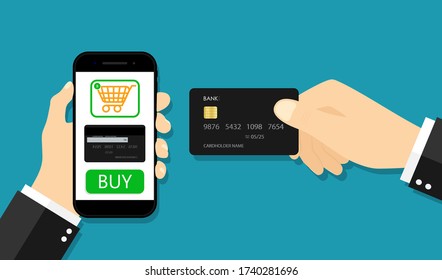 Tarjeta de pago en línea de la aplicación móvil. Mano con smartphone y compra de crédito. Transacción de Internet en el teléfono del cliente. Servicio de pago sin contacto en tienda. Salida en la tienda desde el teléfono móvil. Vector.