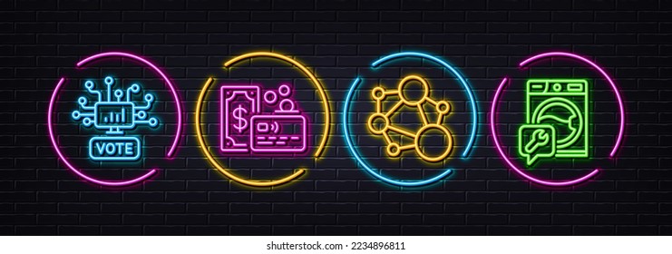 Card, Online voting and Integrity minimal line icons. Neon laser 3d lights. Washing machine icons. For web, application, printing. Bank payment, Web campaign, Social network. Repair service. Vector