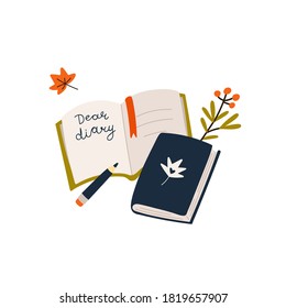 Card with open diary, dark blue book and branch of berries. Hand drawn autumn poster. Simple cartoon flat style. Isolated vector illustration for holiday greetings, invitations, card, sticker, tag.