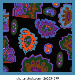 Card with oriental floral colored pattern, ellipses, spirals, leaves. Hand drawn.