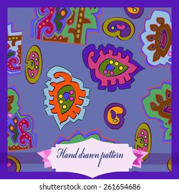 Card with oriental floral colored pattern, ellipses, spirals, leaves, label. Hand drawn.