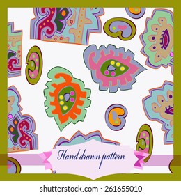 Card with oriental floral colored pattern, ellipses, spirals, leaves, label. Hand drawn.