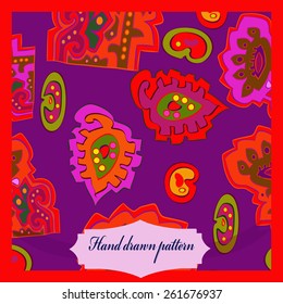 Card with oriental floral colored pattern, ellipses, spirals, leaves, label. Hand drawn.