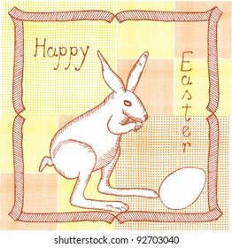 card- original drawing of easter bunny with egg on orange- yellow pattern background