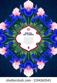 Card with an ornament of oriental flowers iris and text in a curly frame