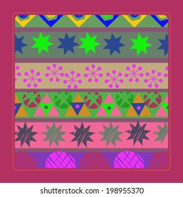 Card with an ornament of strips with multicolored stars, snowflakes, triangles and other shapes.