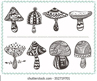 Card with ornamental mushrooms.  Vector hand drawn vegetables. Set for different designs, postcards or textures and patterns