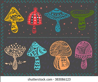 Card with ornamental mushrooms.  Vector hand drawn vegetables. Set for different designs, postcards or textures and patterns