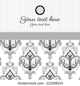 Card with ornate patterns and stripes in the background. Space for your text. Easily edit the colors. Perfect for invitations, announcement or greetings.