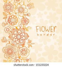 Card with outline floral seamless border with butterfly, dragonfly and ladybug. It can be used for decorating of invitations, cards and decoration for bags. You can place your text in the empty place.