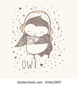 Card with owl .owl illustration.cute cartoon characters.T-shirt Graphics.trendy owl.hand drawn illustration owl.cute girl.book illustration.