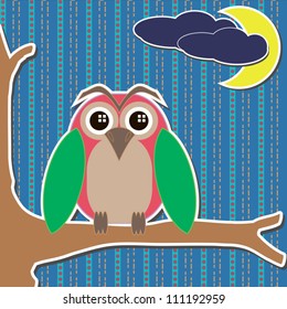card with owl on branch moon and clouds on colorful background