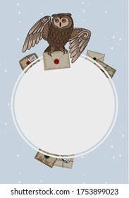 Card with an owl on a round frame and letters on a blue background.
