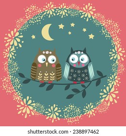 Card with owls, funny vector illustration.