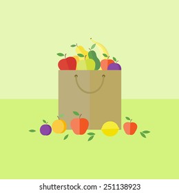 Card with package with fruits on a table. Flat vector illustration