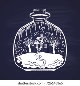 A card painted in a chalk in winter in a small bottle with a house and snow-covered trees. Merry Christmas and a Happy New Year 2018. Happy holiday theme.