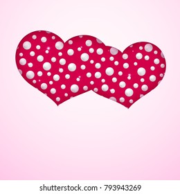 Card with a pair of hearts made from pearls on a pink background Symbol of love and marriage template for greeting card banner poster for Valentine's Day Element of design Romantic background Vector