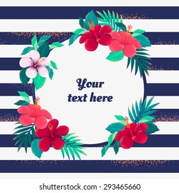 Card with palm leaves and hibiscus flowers round frame. Striped vest background can be used as seamless pattern. Retro vector illustration. Place for your text. Design for poster, flyer, invitation