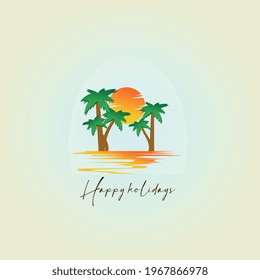 card with palm trees and sunset, good rest, drawn in vector