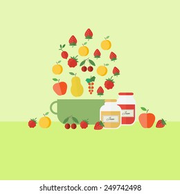 Card with a pan, fruits and jars of jam. Flat vector illustration