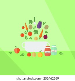 Card with pan, fruits and vegetables. Cooking. Flat style vector illustration