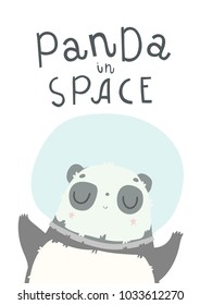 Card with panda astronaut in helmets, stars and lettering text. Vector hand drawn illustration.