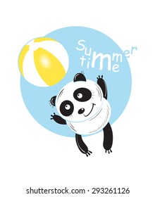 Card with a panda playing  beach ball. Summertime, inscription.