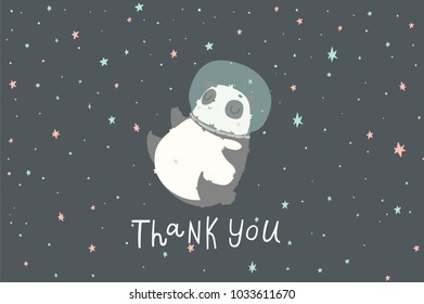 Card with pandas astronauts in helmets, stars and lettering text. Vector hand drawn illustration.