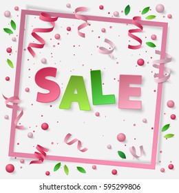 Card with paper frame, colored confetti, balls, balloons, green leaf, serpentine, ribbons and  lettering Sale. Vector illustration. Elements for banner, poster, holiday, party.
