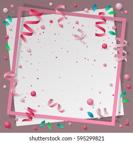 Card with paper frame, colored confetti, balls, balloons, green leaf, serpentine, ribbons and space for text, lettering. Vector illustration. Elements for banner, poster, holiday, party.