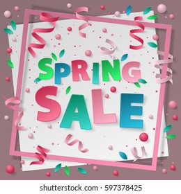 Card with paper frame, colored confetti, balls, balloons, green leaf, serpentine, ribbons and  lettering Spring Sale. Vector illustration. Elements for banner, poster, holiday, party.