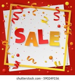 Card with paper frame, colored dust, confetti, balls and serpentine, ribbon and lettering Sale. Vector illustration on white and red background. Elements for banner, holiday, party.