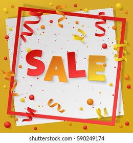 Card with paper frame, colored dust, confetti, balls and serpentine, ribbon and lettering Sale. Vector illustration on white and gold background. Elements for banner, holiday, party.
