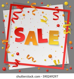 Card with paper frame, colored dust, confetti, balls and serpentine, ribbon and lettering Sale. Vector illustration on white and gray background. Elements for banner, holiday, party.