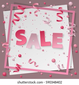 Card with paper frame, colored dust, confetti, balls, balloons, serpentine, ribbon and lettering Sale. Vector illustration on white background. Elements for banner, poster, holiday, party.