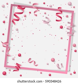 Card with paper frame, colored dust, confetti, balls, balloons, serpentine, ribbon and space for text, lettering. Vector illustration on white background. Elements for banner, poster, holiday, party.