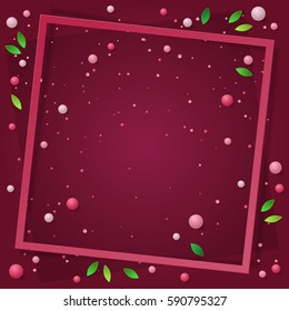 Card with paper frame, colored dust, confetti, balls, balloons, green leaf and space for text, lettering. Vector illustration on red background. Elements for banner, poster, holiday, party.