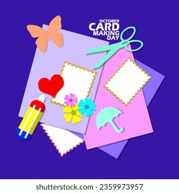 Papel de tarjeta de varios colores con tijeras, pegamento y formas de elementos cortados, con texto en negrita sobre fondo azul oscuro para celebrar el Día Mundial de la Fabricación de Tarjetas el 1 de octubre