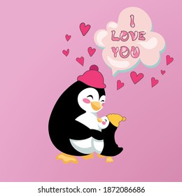 Card of parental love. Little baby penguin is hugging his big penguin. Vector illustration with all the detailes put into groups and organised in layers.