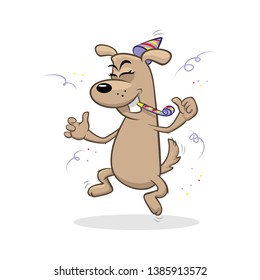 Card of a party. Dog in a Party Hat with a funny party whistle blowing. Vector illustration