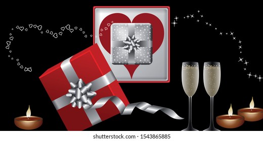 Card for a party for two with gifts, glasses of champagne, candles and hearts.