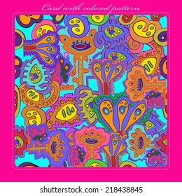  Card with  pattern  of abstract floral l motifs, plants on an azure    rounded rectangle and blue text on a bright  pink frame. Handmade.
