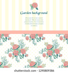 Card with  pattern of a bouquet french roses on striped background and place for you text