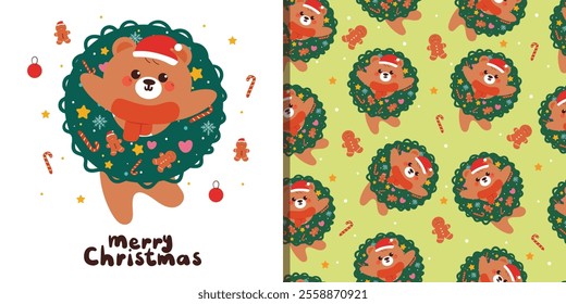 card and pattern cartoon bear with christmas wreath and winter stuff. cute cartoon for christmas card