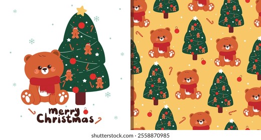 card and pattern cartoon bear with christmas stuff. cute christmas wallpaper and card for invitation, gift wrap paper