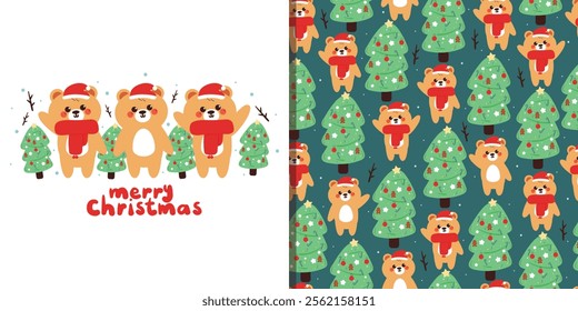 card and pattern cartoon bear with christmas tree, christmas vibes and winter stuff. cute cartoon for christmas card