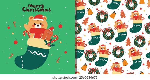 card and pattern cartoon bear and gingerbread inside a sock and christmas wreath. cute cartoon for christmas card