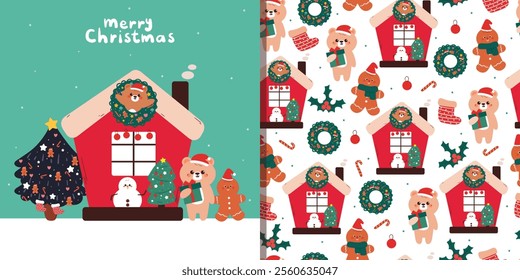 card and pattern cartoon bear with house, christmas vibes and winter stuff. cute cartoon for christmas card